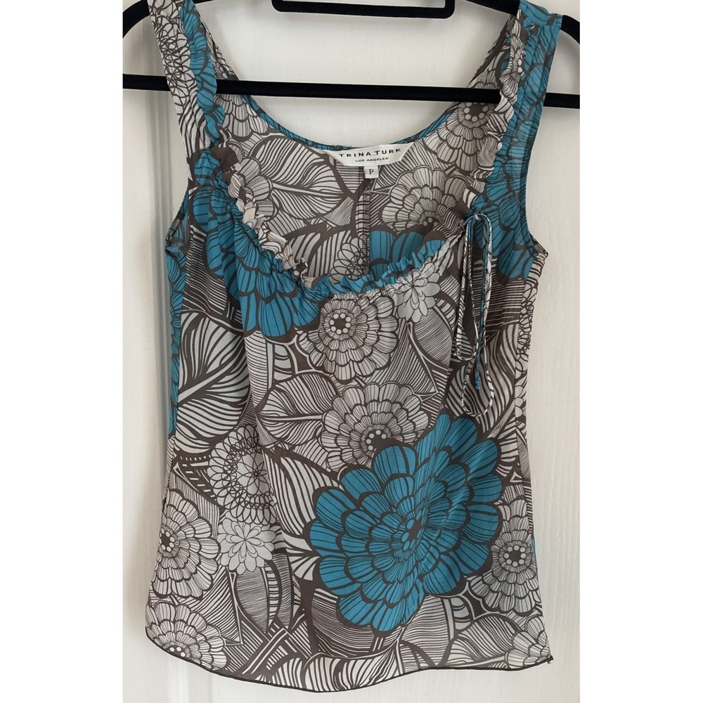 Trina Turk Womens Multicolor Scoop Neck Teal 100% Silk Tank Top Blouse Small